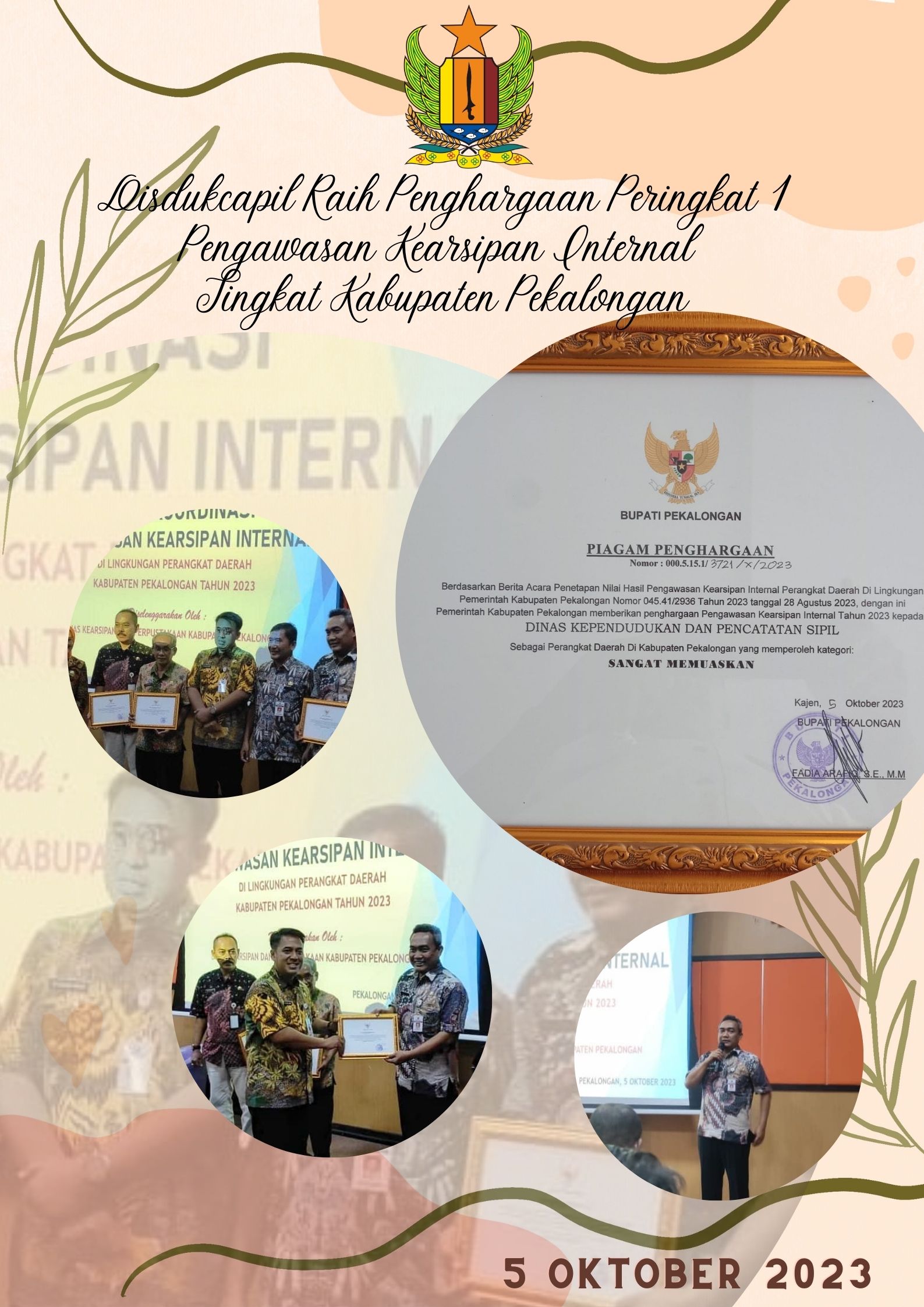 Disdukcapil Raih Penghargaan Peringkat 1 Pengawasan Kearsipan Internal Tingkat Kabupaten Pekalongan