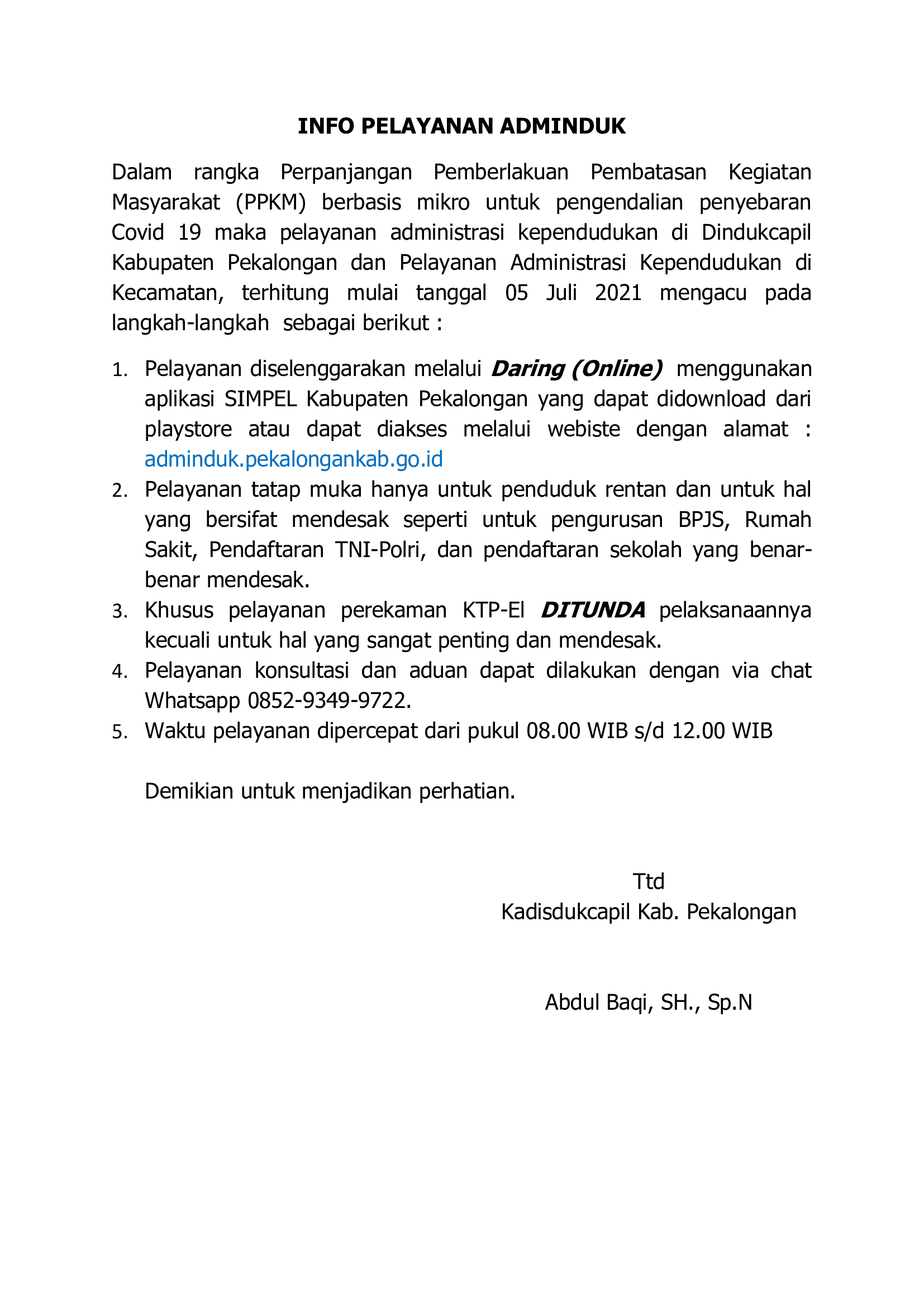 INFORMASI PELAYANAN ADMINDUK DALAM MASA PPKM MIKRO