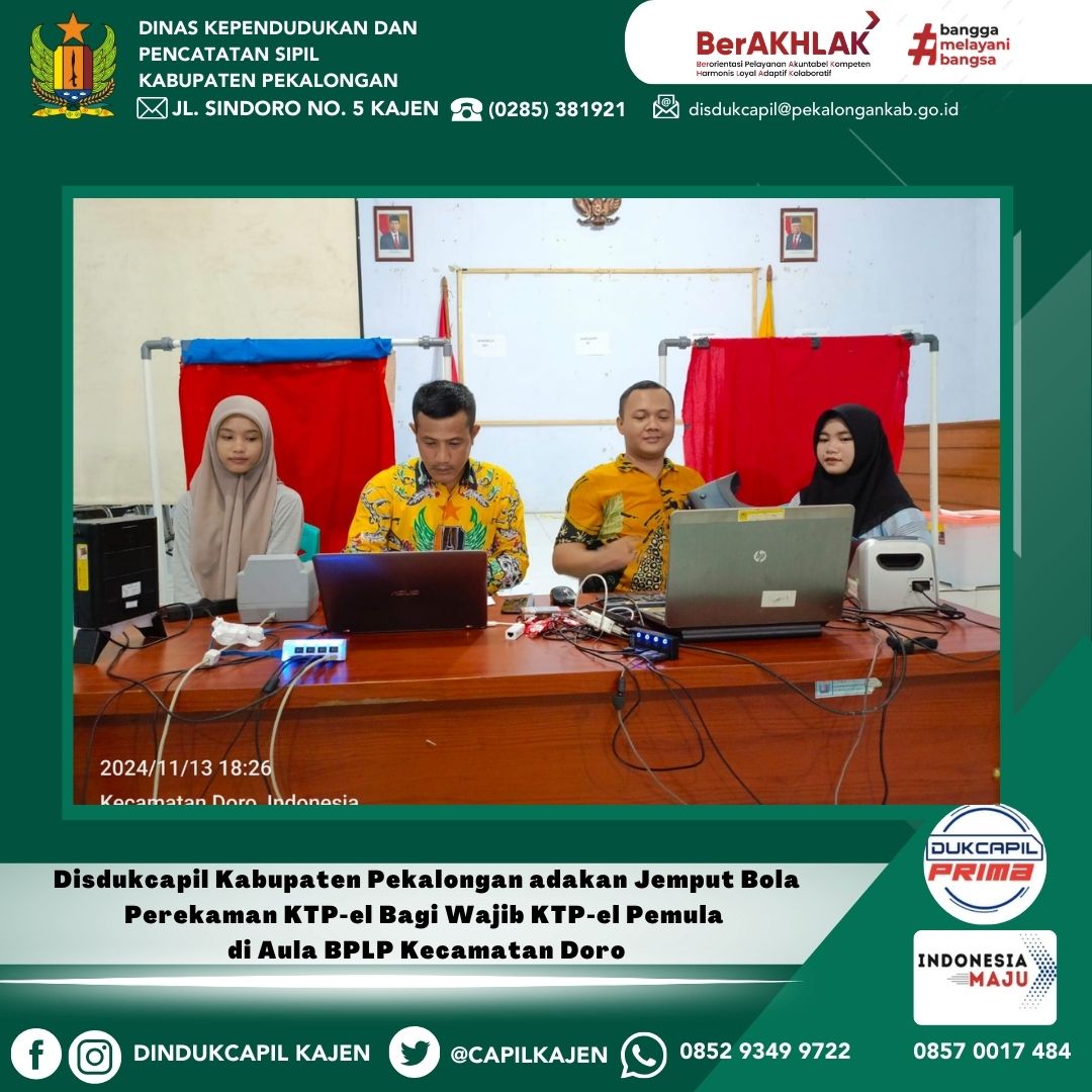 Disdukcapil Kabupaten Pekalongan adakan Sosialisasi Wajib KTP-el dan Jemput Bola Perekaman KTP-el Bagi Wajib KTP-el Pemula di Aula BPLP Kecamatan Doro
