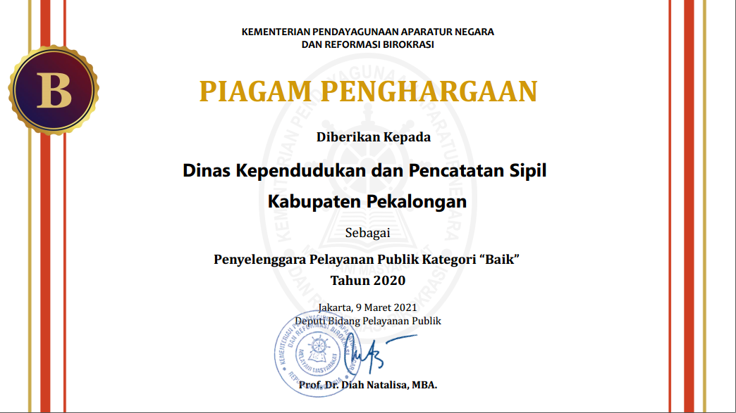 DINDUKCAPIL Kab. Pekalongan Meraih Penghargaan Penyelenggara Pelayanan Publik Tahun 2020